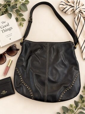 CRISTIAN Made in Italy Black Leather Studded Hobo Shoulder Bag